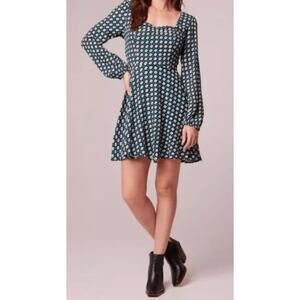 Band of the Free Black Teal Long Sleeve Diamond Smocked Back Party Mini Dress M